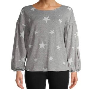 MODA Gray White Star Print Balloon Sleeve Top Small